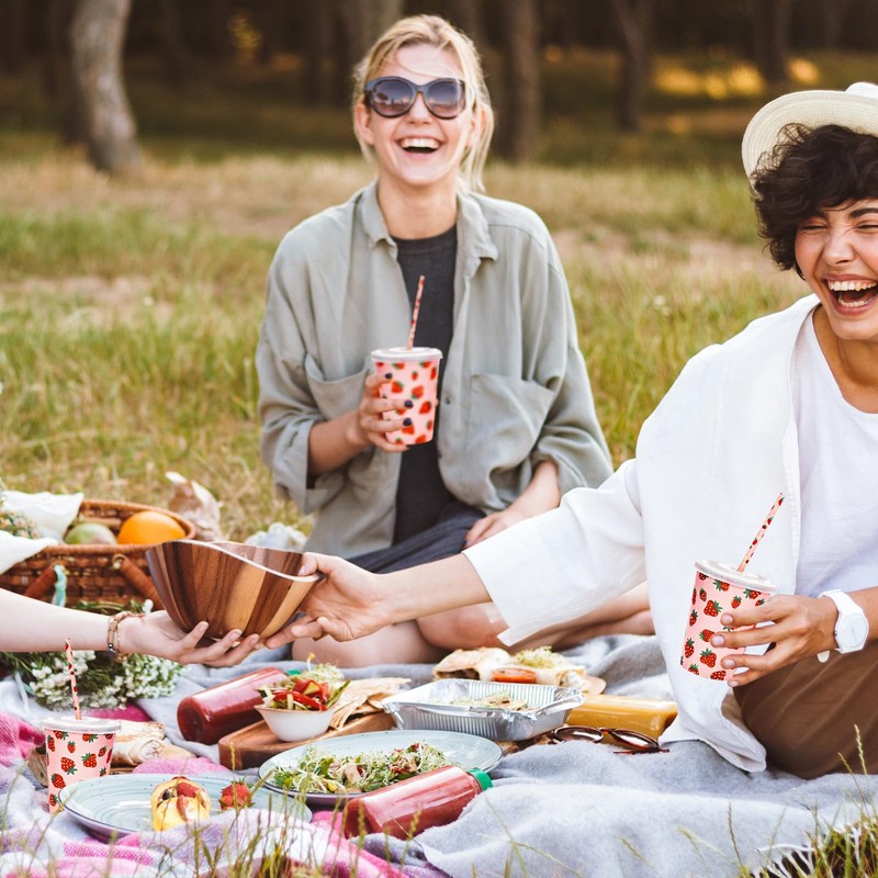 AnyDesign 50 Sets Strawberry Paper Cups with Paper Straws Plastic