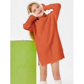 Haloumoning Kids Girls Turtleneck Tunic Sweaters Dress Fashion Long Sleeve Knit Chunky Pullover Jumper Clothes with Slit 5-14 Years Orange
