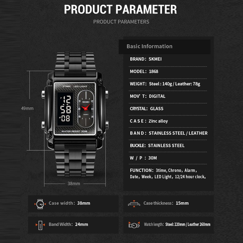 SKMEI 1868 Men Watch Professional 30M Water Resistant Double Display