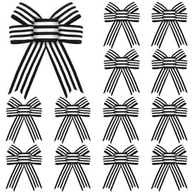 12 Pieces Christmas Tree Bow Buffalo Burlap bows Black and White Stripe Bow Christmas Wreath Bow Craft for Christmas Tree Decoration, 5 x 7 Inches (Black, White, 1.2 Inch Wide)