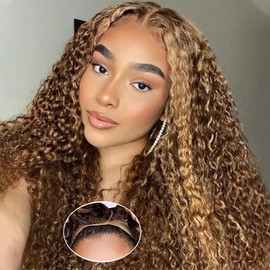 RUI MEI SI Glueless Wigs Human Hair Pre Plucked Pre Cut 4/27 Highlight Ombre Honey Blonde Curly Wigs Human Hair for Beginners 4x4 Deep Wave Lace Closure Glueless Wigs for Black Women 20 Inch