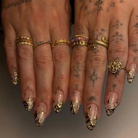 BABALAL Gold Press on Nails Medium Almond Fake Nails Star Design Glue ons Nails Chrome Acrylic Nails 24Pcs Stiletto Full Cover False Nails