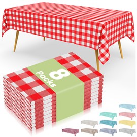 Smiry 8 Packs Gingham Disposable Table Cloth, 54 x 108 Inch Waterproof Plastic Tablecloth, Rectangle Red and White Checkered Table Covers for Picnic, Party, Birthday, Banquet