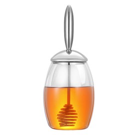 Manshan Honey Pot with Stainless Steel Dipper and Lid – No Drip Honey Dispenser, Glass Honey Container with Integrated One-Piece Design