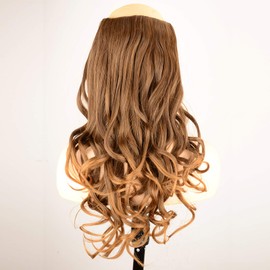 DIGUAN One Piece Ombre Two Toned Clip in Hair Extensions Curly Curl Wave Full Head Long 24" 0.35lb 155g U part Synthetic Hairpiece For Women Natural Real Hair (#Golden Brown)