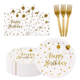 150PCS Happy Birthday Paper Plates and Napkins - 7 Inch White Gold Dot Paper Plates and 6.5 Inch Napkins with 6.3 Inch Gold Forks Disposable Tableware Set for Birthday Party Decorations, Serves 50