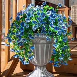 HyeFlora Artificial Flowers for Outdoors Decoration, 2Pcs Blue Fake Hanging Spring Decor, Lifelike Plants, UV & Fading Resistant Flower for Porch Patio Balcony Planter Yard Home Garland