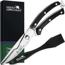 Heavy Duty Stainless Steel Poultry Shears For Bone, Chicken, Meat, Fish, Seafood, Vegetables. Premium Spring Loaded Food Scissors. One piece Kitchen Shears. (Black Wooden Handles)