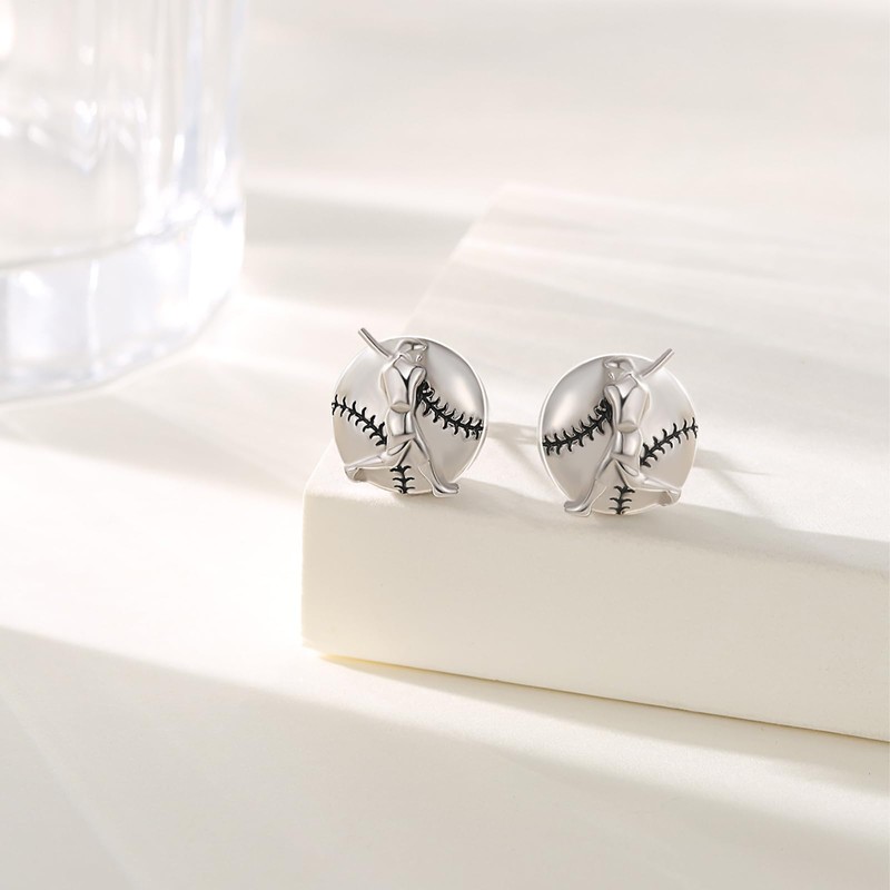 Sports Earrings for Men 925 Sterling Silver Baseball Stud Earrings,