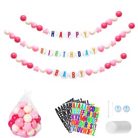Giant Friendship Bracelet Garland with 50 plastic balls ,24 PCS Foam Circles for Crafts Kit, Create Vibrant Birthday/ Christmas Party Hangings with Star Shaped & Round Balls (Pink Red)