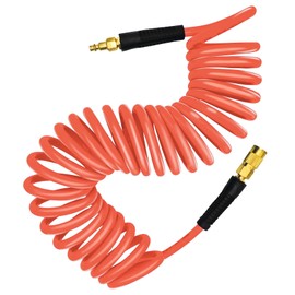 YOTOO Polyurethane Recoil Air Hose 3/8" Inner Diameter by 25' Long with Bend Restrictor, Repairable 1/4" Industrial Quick Coupler and Plug, Orange