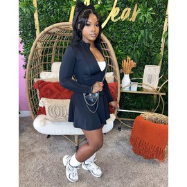 Women 2 Piece Tennis Dresses Long Sleeve Zipper Crop Top High Waist Pleated Tennis Skirt Travel Clothing Sets Black M