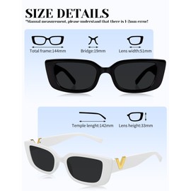 Kiiwah Pack of 2 Quick Glasses Rave Sunglasses Women V Retro Rectangle Sunglasses Trendy Square UV Protection Sunglasses for Women Men Party Wedding Beach, black, white