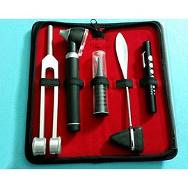 Premium Quality Black LED Fiber Optic Otoscope Reflex Hammer Tuning Fork C128 Penlight Set (HTI Brand)
