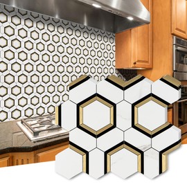 STICKGOO 10 Sheets Peel and Stick Backsplash for Kitchen, White Marble Mixed Metal Gold PVC Tiles Stick on Backsplash Mosaic Tile for Fireplace, RV