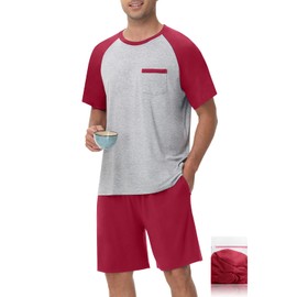 YOPUGEE Mens Pajamas Plus Size Soft Pajama Set Cotton Pjs Two Piece Lounge Set Sleep Shorts Comfy Pj Set Wine Red XL