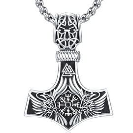 925 Sterling Silver Viking Necklace Thor's Hammer Necklace Mjolnir Pendant Viking Jewelry Vegvisir Amulet Pendant with 22"+2" Box Chain