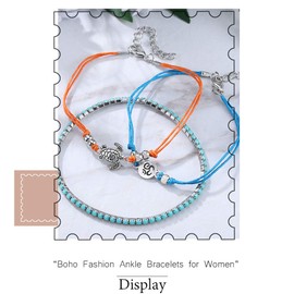 Zoestar Boho Anklet Turtle Multilayer Bracelet Beach Blue Beads Ankle Jewelry for Women and Girls