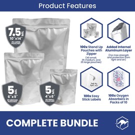 Wallaby 100ct Multi-Size Mylar Bags, 400cc Oxygen Absorbers, 15 & 10 Mil Total Thickness, 1-Gal, 1-Qt, 1/2-Pt, Stand-Up, Zipper & Heat-Sealable, Gusseted Zipper Bags for Long-Term Food Storage
