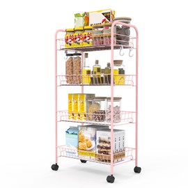 PLKOW 4-Tier Metal Rolling Utility Cart, Multi-Functional Storage Cart for Office, Living Room, Kitchen, Bathroom, Lightweight Organizer Cart with Wheels, Pink