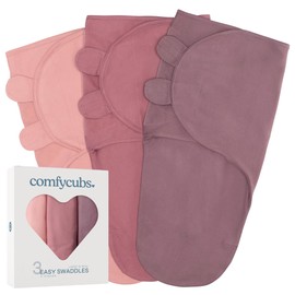Comfy Cubs Easy Swaddle Blanket, 3 Pack - 100% Cotton Newborn Wrap, Large for 3-6 Months Infants, with Adjustable Velcro, Breathable and Durable Sleep Sack for Babies - Blush, Mauve & Mulberry