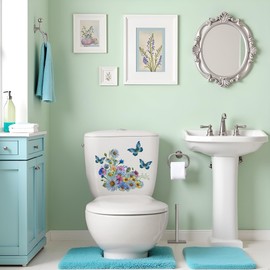 Flowers and Butterflies Toilet Lid Stickers,Removable Vinyl Botanical Flower Toilet Seat Cover Decal,Waterproof Toilet Seat Cover Stickers,DIY Home Decoration Bedroom Toilet(ZS222)