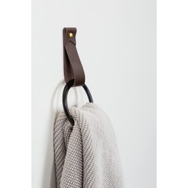 KEYAIIRA - Medium Leather Wall Hook, black towel ring wall hanging strap towel hook for wall leather loop strap holder minimal towel bar rack storage modern bathroom hand towel holder