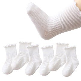 Baby Toddler Non-skid Socks with Non-slip Grips Ruffle Crew Socks for Girls Infants Newborns 6 Pairs (US, Age, 0 Months, 12 Months, White)