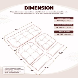 PITCTCHIC Wicker Chair Cushions of 5 Pieces, Waterproof Outdoor Loveseat Cushion for Wicker Furniture, 1 Love Seat Cushion, 2 U-Shape and 2 Lumbar Pillows for Patio Furniture (Red)