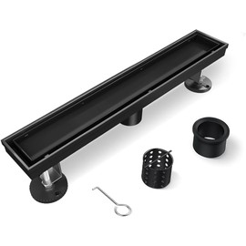 HTOH Shower Drain, 18 Inch Black Linear Shower Drain with Removable Tile Insert Grate, 2 in 1 Bathroom Modern 304 Stainless Steel Matte Black Shower Floor Drain with Adjustable Feet,Hair Filter