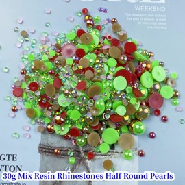 30g Christmas Half Pearl Rhinestones for Crafts Mixed Size 3mm-10mm Resin Rhinestone Half Round Flatback Pearl Rhinestones for DIY Nail Art Crafts Jewelry Decoration(Mix Red Green)