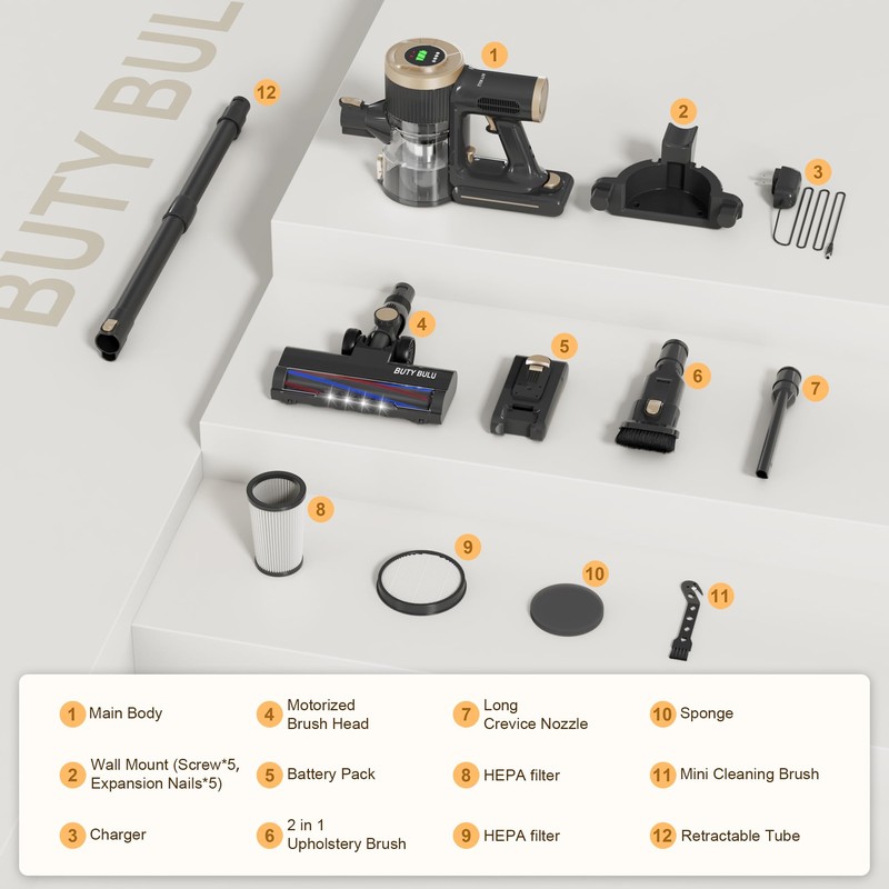 BUTY BULU Cordless Stick Vacuum Cleaner, 30KPa Handheld 2200mAh Rechargeable