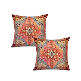 AMZIJURI Persian Carpet Pattern Boho Throw Pillow Covers 18x18, Set of 2 – Double Sided Soft Velvet Mandala Elegance Floral Accent Cushion Covers for Sofa, Couch, Living Room Outdoor Décor (Pink)