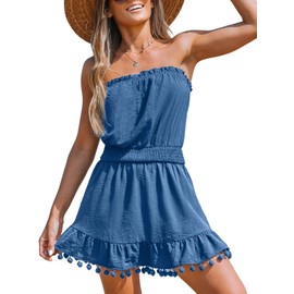 CUPSHE Women's Cover Up Beach Dress Airy Bandeau Strapless Bobble Summer Dress Beach Mini Dress, blue