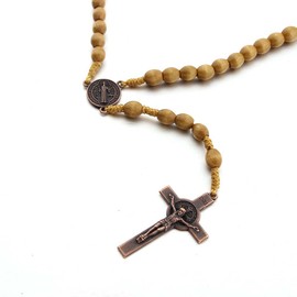 Catholic Cross Rosary Necklace, Natural Wood Prayer Beads with Medal Cross Jesus Christ Saint Benedict, for Catholic Christians Religious Communion, Baptism, Mass, Bible
