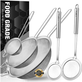 Walfos Fine Mesh Strainer and Fat Skimmer Spoon Set, Multipurpose Metal Strainers for Kitchen, Rice, Quinoa, Food, 304 Stainless Steel Fat Skimmer For Cooking, Fat, Grease, Floating Foam, 5 Pack