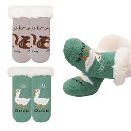 QKURT 2 Pairs Toddler Fluffy Socks, Winter Warm Slipper Socks Fleece Lined Sherpa Socks Super Soft Fuzzy Socks with Anti Slip Grips for Baby Girls Boys 0-3 Years Old