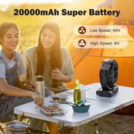 AMACOOL 20000mAh Rechargeable Camping Fan, Battery Operated Fan with Light, 68Hrs Work Time, 4 Speed, Auto Oscillating Outdoor Fan with Hook for Tent RV Car Travel Emergency Power Outages