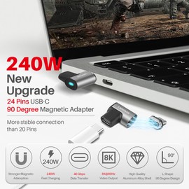 Right Angle USB Type C Magnetic Adapter 2 Pack, 90 Degree USB 4.0 USB Type-C Male to Female Connector Support 40Gbps Data Transfer,240W PD Fast Charging,8K@60Hz Video (Compatible with Thunderbolt 4/3)