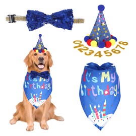 Set of 4 Dog Birthday Bandana Set, Glitter Bow, Triangle Neckerchief Dog, Number Stickers 0-8 for Large, Medium, Small Dogs, Dog Birthday Set (Blue)