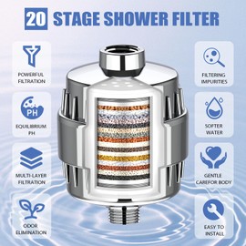 20-Stage Shower Filter Head for Hard Water, with 2 Cartridges, High Output Shower Water Filter to Remove Chemicals, Chlorine and Fluoride | Puiuisoul