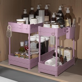 Sevenblue 2 Pack Under Sink Organizer, Under Bathroom Cabinet Organizer with Hooks Hanging Cup, Multi-Purpose Storage Shelf for Kitchen Bathroom (Pink, 14.8 Inch)