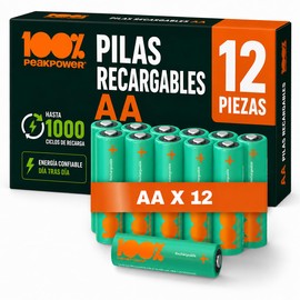 100%PeakPower Pilas Recargables AA 2300 mAh NiMH, Paquete de 12 Unidades - hasta 1000 Recargas, Alta Capacidad, Precargadas - Pilas AA Recargables para Juguetes, Controles, Adornos de Navidad