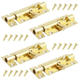 CADUFUELLY 4 Pcs Brass Sliding Door Latch with Screws, Heavy Duty Slide Door Bolt Lock, Gold Door Security Slide Latch Lock for Home Yard Windows Bathroom Cabinet (2 Inch Barrel Bolt)