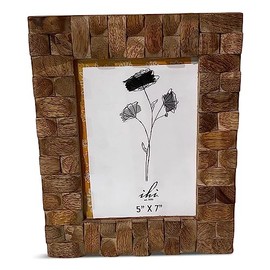 India Handicrafts 20522 Basket Weave Pattern Holds 5x7 Inch Photo Brown Wood Tabletop Frame