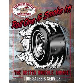 Desperate Enterprises Busted Knuckle Garage - Tire Tin Sign - Nostalgic Vintage Metal Wall Decor - Made in USA