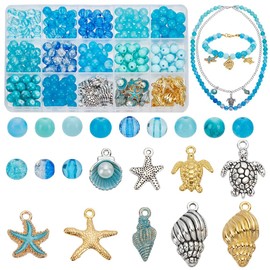 PH PandaHall 21 Styles Ocean Jewellery Kit, 312pcs 8mm Blue Glass Beads Round Acrylic Beads Turtle Starfish Shell Charms for Bracelet Necklace Earring Jewellery Making DIY Craft
