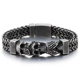 Men's Stainless Steel Three Wise Skulls Bracelet, Heavy-Duty Woven Wheat Chain Jewelry, Rugged Gothic Biker Gift for Him
