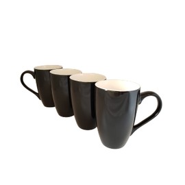 Essential Drinkware 18oz Portici Porcelain Large Coffee Mugs, Black - Set of 4 Tall Bistro Style Cups with Extra Large Handles and Contrasting Colors