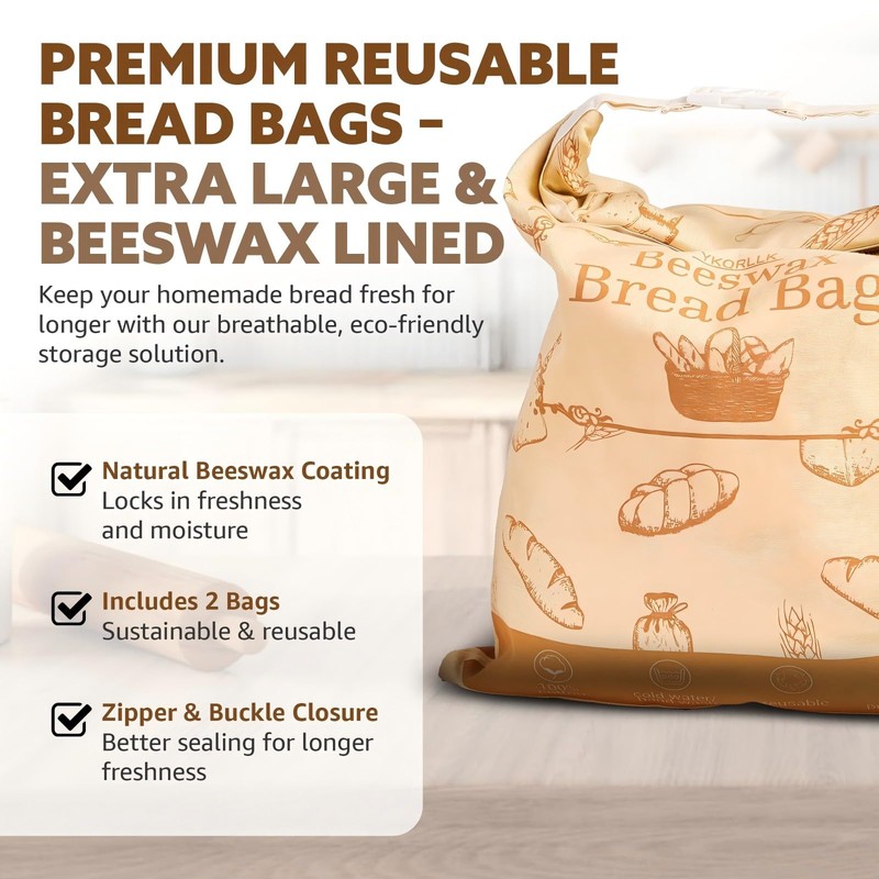 2 packs Reusable Beeswax Bread Bags - Sourdough Storage Bags